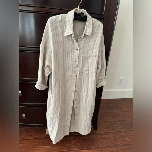 Rebecca King one-of-a-kind sample oatmeal linen stripe duster with pockets - Picture 2 of 15